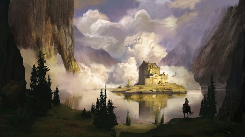 castle, clouds, lake, art, 4k