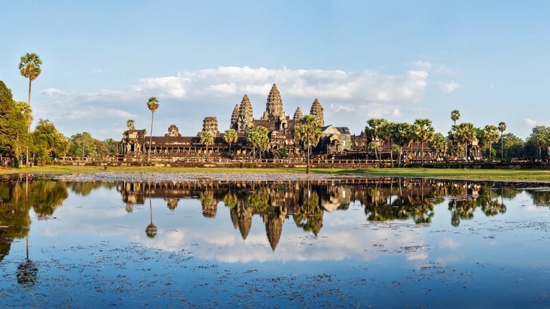 Cambodia, architecture, lake, trees, 4K