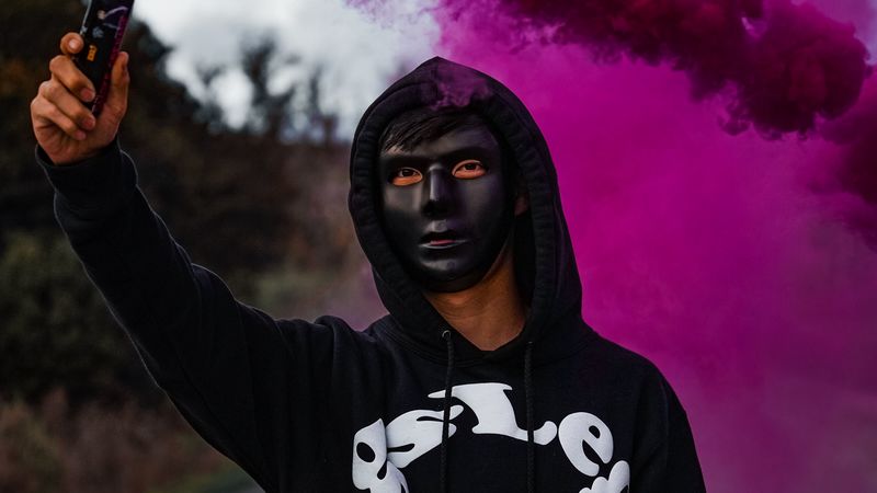 mask, colored smoke, hood, 4k