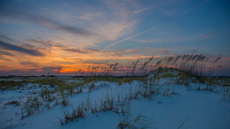 grass, snow, horizon, sunset, sky, 4k