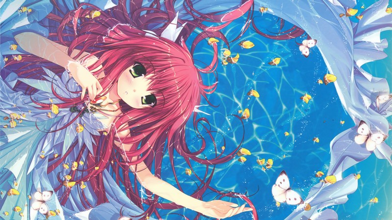 anime, girl, beauty, water, butterfly, 4k