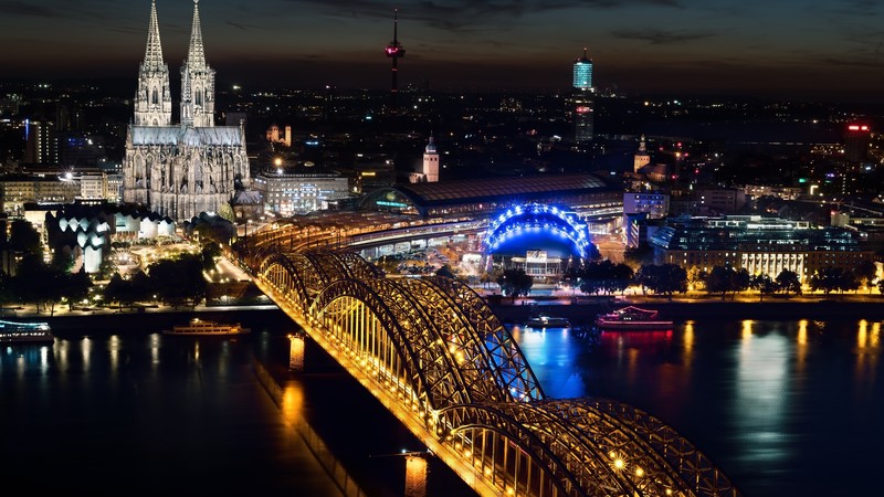 Cologne Cathedral, Hohenzollern bridge, Germany, Cologne, Europe, night, 4K