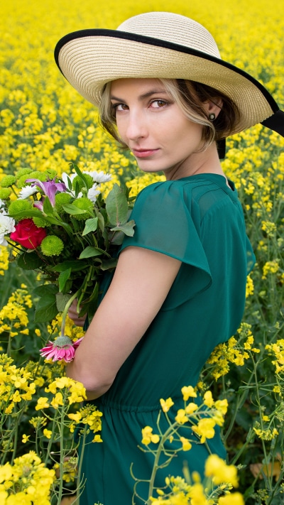 Women Model, Hat, Flower, Rapeseed, 1440x2560