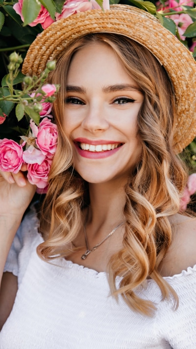 Women Model, Hat, Pink Flower, Smile, 1440x2560