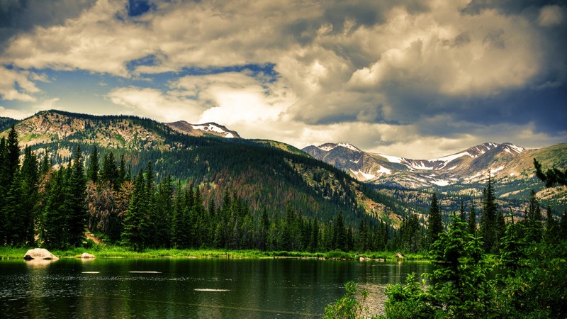 mountains, forest, lake, clouds, sky, 4k