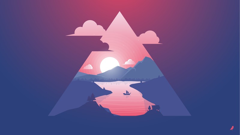 mountain, sun, river, purple, triangle, 4k