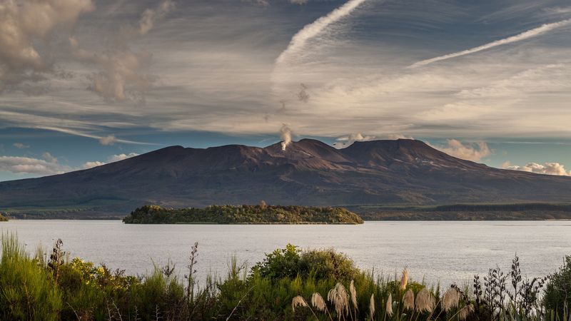 volcano, mountains, grass, sea, 4k