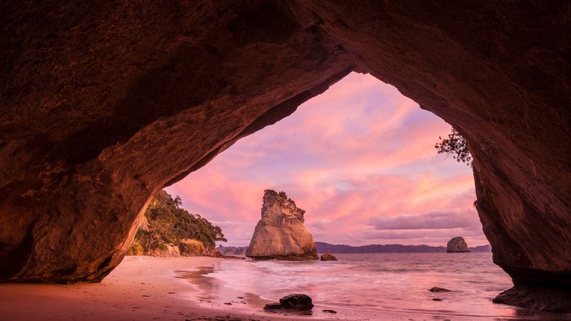 rock, cave, beach, shore, 4k