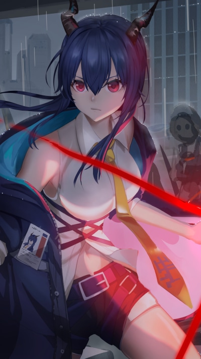 Video Game Arknights, Chen (Arknights), Red Eyes, Blue Hair, 1440x2560