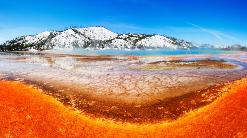 Grand Prismatic, Yellowstone National Park, mountain, 4K