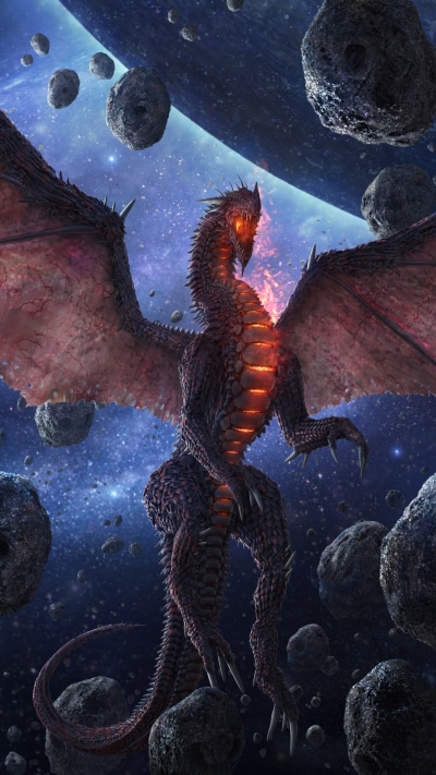Fantasy Dragon, Asteroid, Space, 1440x2560