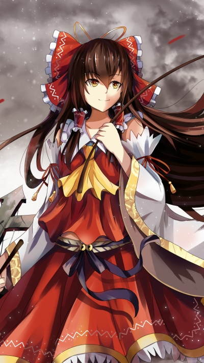 Anime Touhou, Reimu Hakurei, Japanese Clothes, Long Hair, Brown Hair, 1440x2560