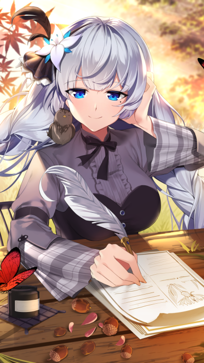 Anime Azur Lane, Blue Eyes, Flower, Butterfly, Long Hair, 1440x2560
