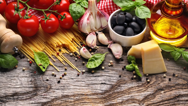 pasta, tomato, olives, garlic, olive, 4K