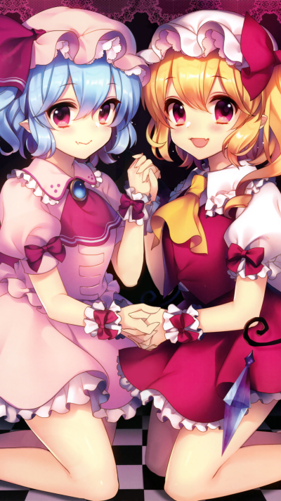 Anime Touhou, Red Eyes, Blue Hair, Flandre Scarlet, Remilia Scarlet, Blonde, 1440x2560