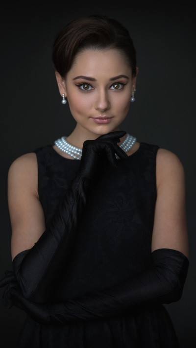 Women Model, Glove, Necklace, Earrings, Black Dress, 1440x2560
