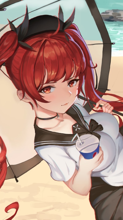Anime Azur Lane, Red Hair, Honolulu (Azur Lane), Umbrella, Red Eyes, 1440x2560