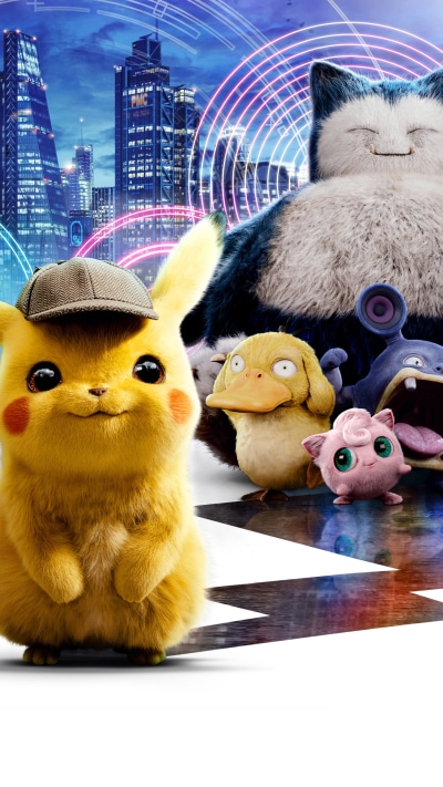 Movie Pokémon Detective Pikachu, Jigglypuff (Pokémon), Pikachu, Psyduck (Pokémon), Snorlax (Pokémon), 1440x2560