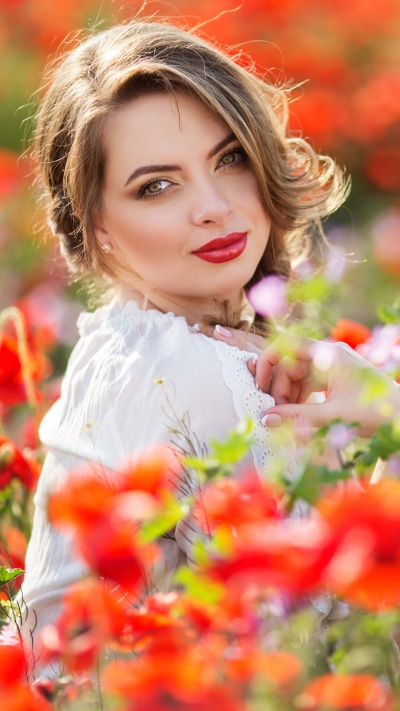 Women Model, Lipstick, Depth Of Field, Flower, Blue Eyes, Blonde, 1440x2560