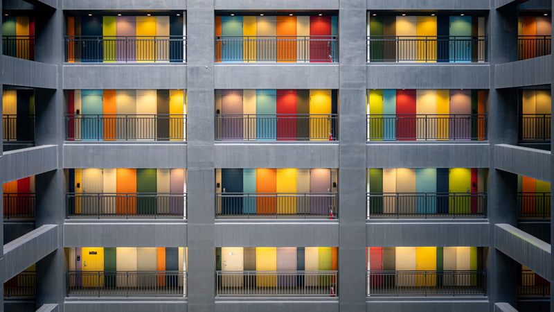 facade, multi-colored, doors, 4k