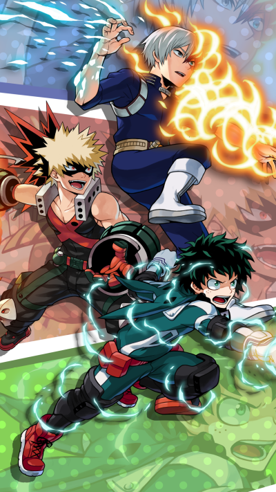 Anime My Hero Academia, Shoto Todoroki, Izuku Midoriya, Katsuki Bakugou, 1440x2560