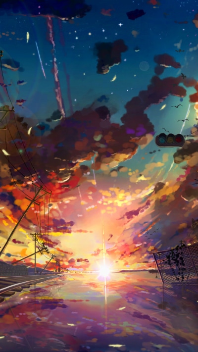 Anime Sunset, Railroad, Telephone Pole, 1440x2560