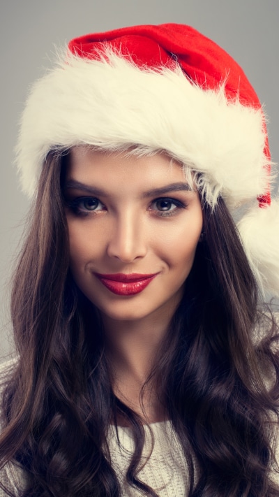 Women Model, Black Hair, Long Hair, Lipstick, Smile, Santa Hat, 1440x2560