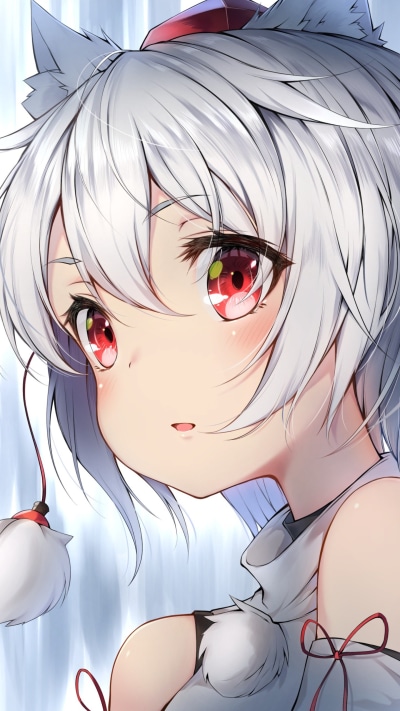 Anime Touhou, Animal Ears, Red Eyes, Short Hair, Blush, Momiji Inubashiri, 1440x2560