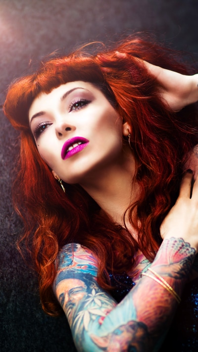 Women Tattoo, Lipstick, Model, Redhead, Brown Eyes, 1440x2560