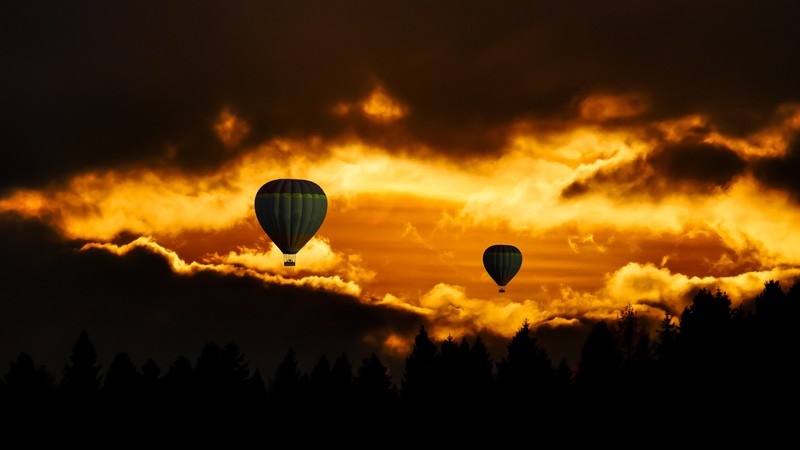 clouds, sky, balloon, forest, sunset, 4K