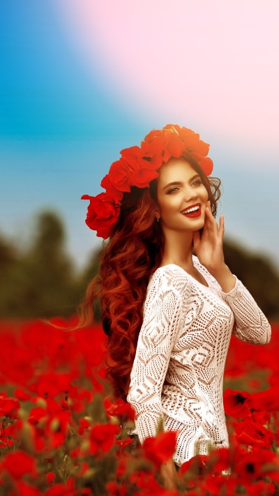 Women Model, Field, Lipstick, Blur, Poppy, Red Flower, 1440x2560