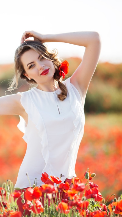 Women Model, Lipstick, Poppy, Depth Of Field, Flower, Brunette, 1440x2560