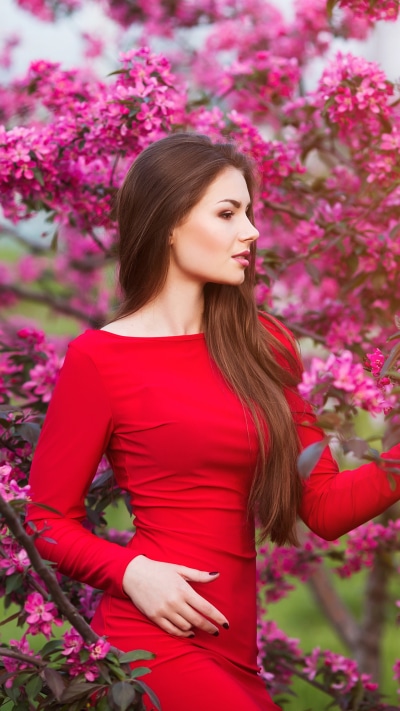 Women Model, Blossom, Brunette, Long Hair, Red Dress, Pink Flower, 1440x2560