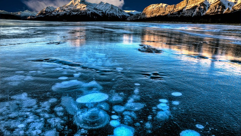 Abraham Lake, Canada, mountain, ice, 4k
