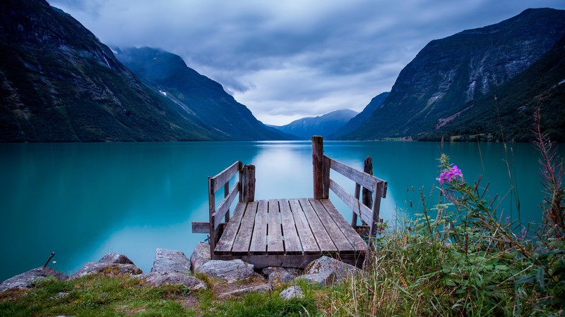 Norway, 4K, bridge, sea, lake, water, blue, sky, clouds, mountain