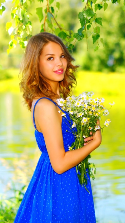 Women Model, Outdoor, Brown Eyes, Brunette, Smile, Blue Dress, 1440x2560