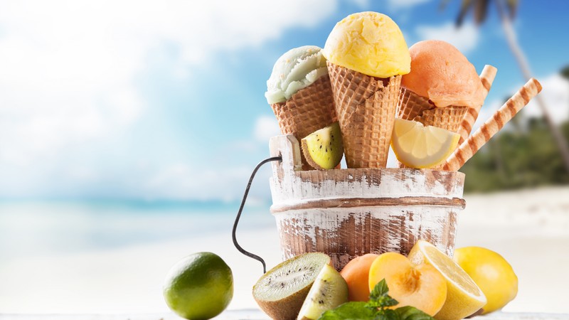 ice cream, beach, lemon, apricot, lime, delicious, 4K