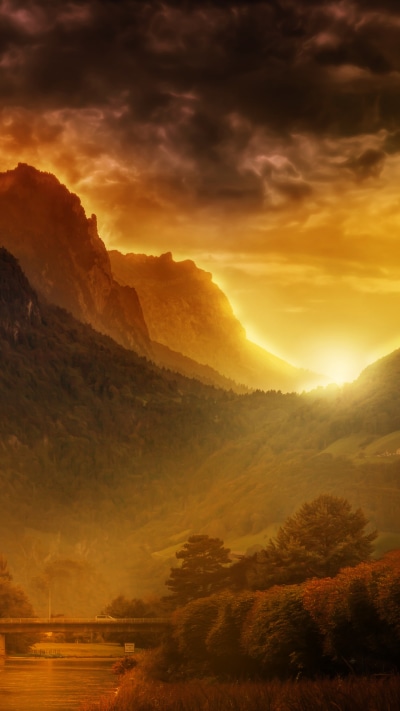 Earth Sunset, Mountain, Valley, Evening, Sunbeam, Switzerland, 1440x2560
