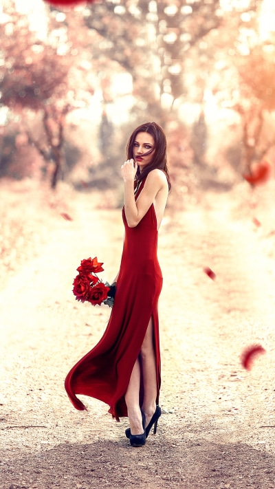 Women Model, Brunette, Red Dress, Bokeh, Outdoor, Red Flower, 1440x2560
