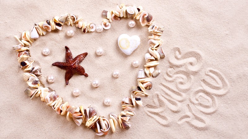 love image, heart, starfish, shell, shore, 4k