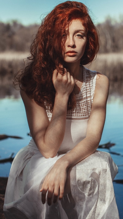 Women Model, Redhead, Lake, Swan, Outdoor, 1440x2560
