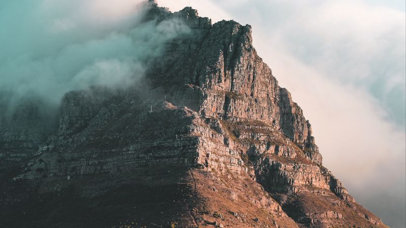 rock, peak, cloud, fog, 4k