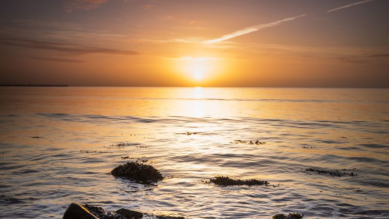 sun, horizon, rocks, glare, 4k