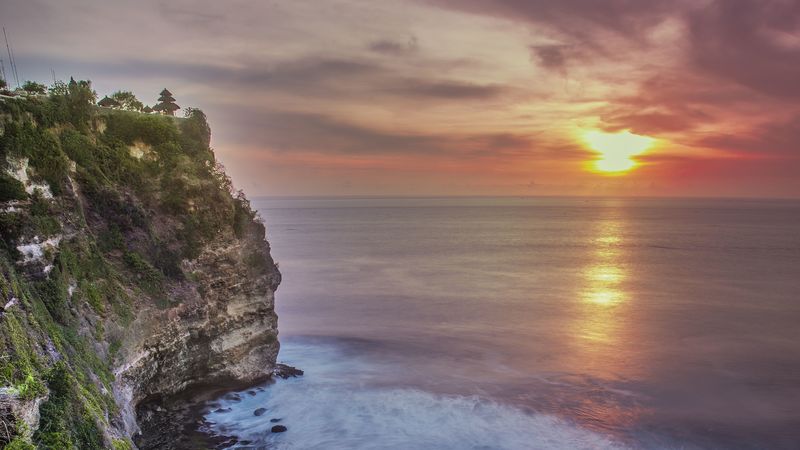 rock, cliff, shore, sun, waves, 4k
