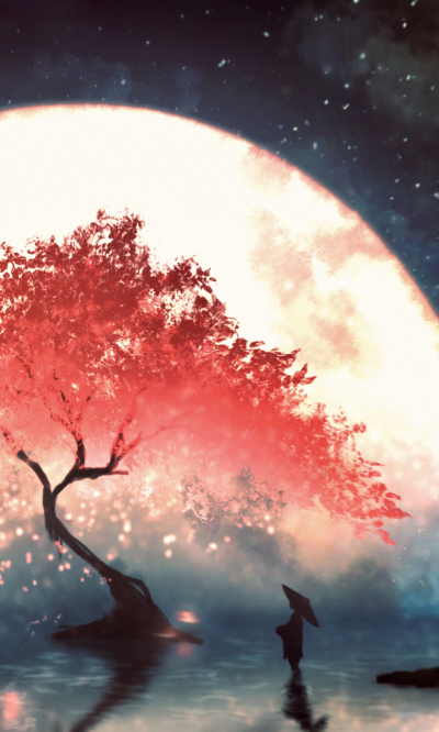 Anime Tree, Sakura, Starry Sky, 1200x2000