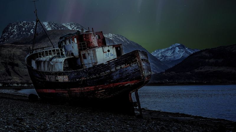 ship, rusty, northern lights, 4k