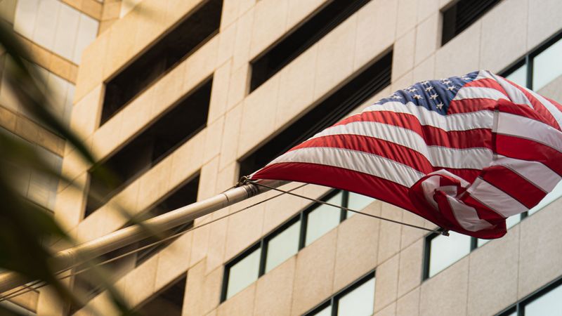 building, facade, flag, usa, 4k