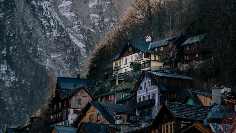 homes, rocks, snowy, sun, 4k