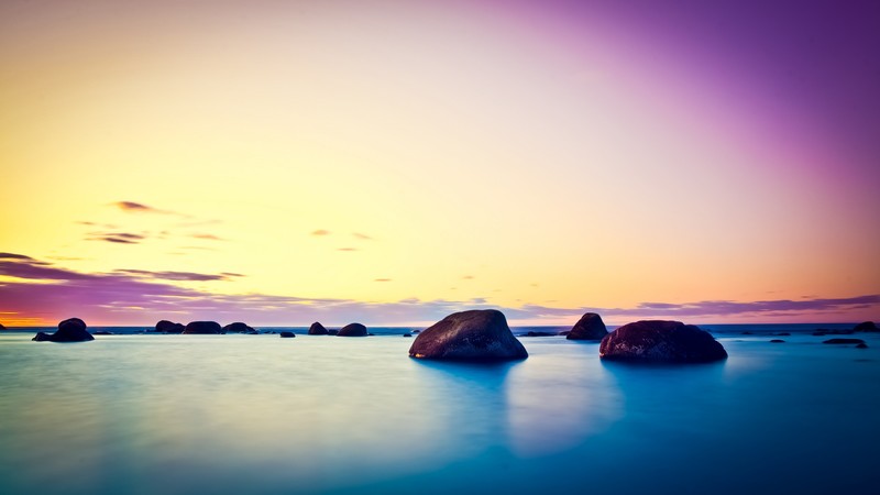 Lake, 4K, sea, Ocean, sunset, sunrise, stone, clouds, sky, blue, pink. nature