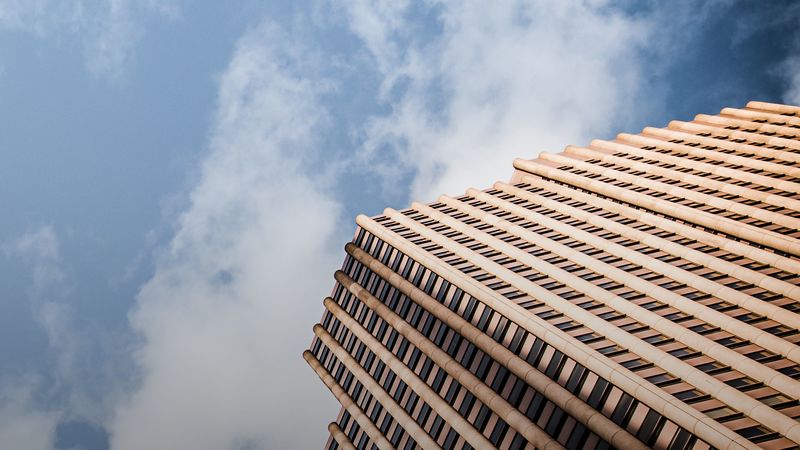 building, bottom view, facade, sky, 4k